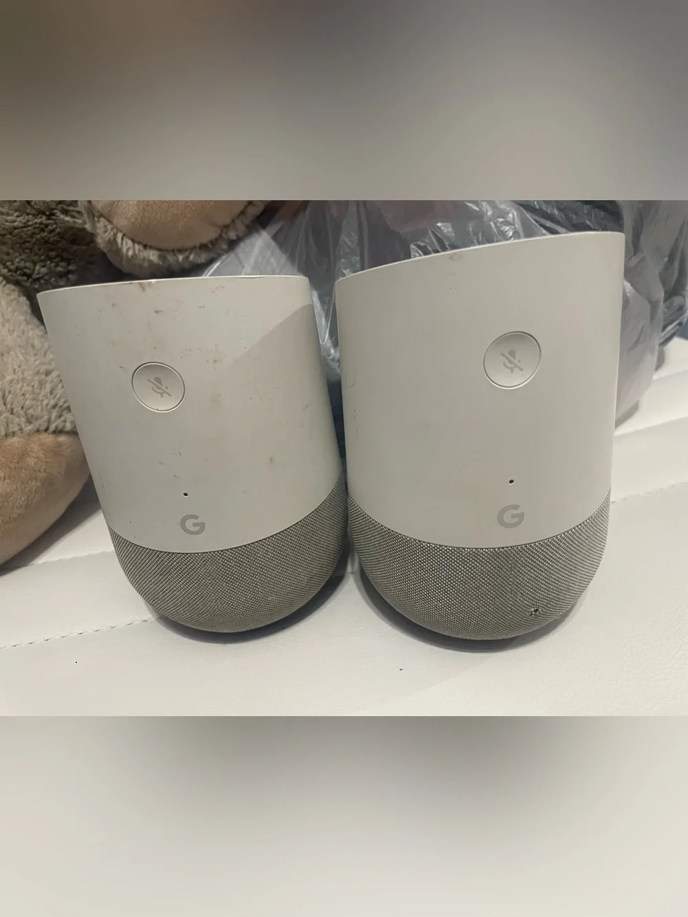 Google Home Smart Speakers in Chalk and Gray
